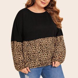 Plus Leopard Contrast Long Sleeve Tee